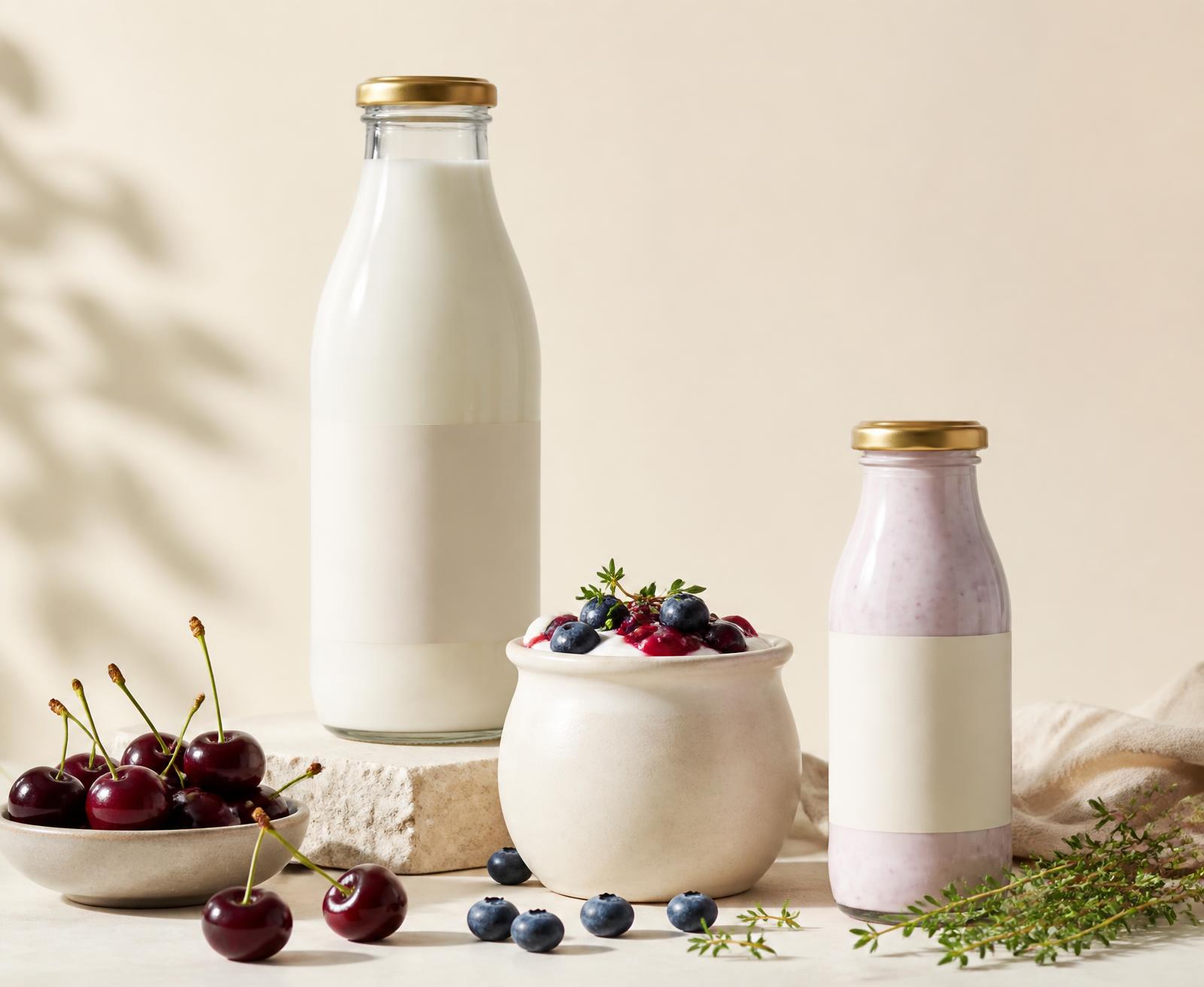 Concept arrangement of fresh goat milk, goat yogurt and drinkable goat yogurt with cherries and berries